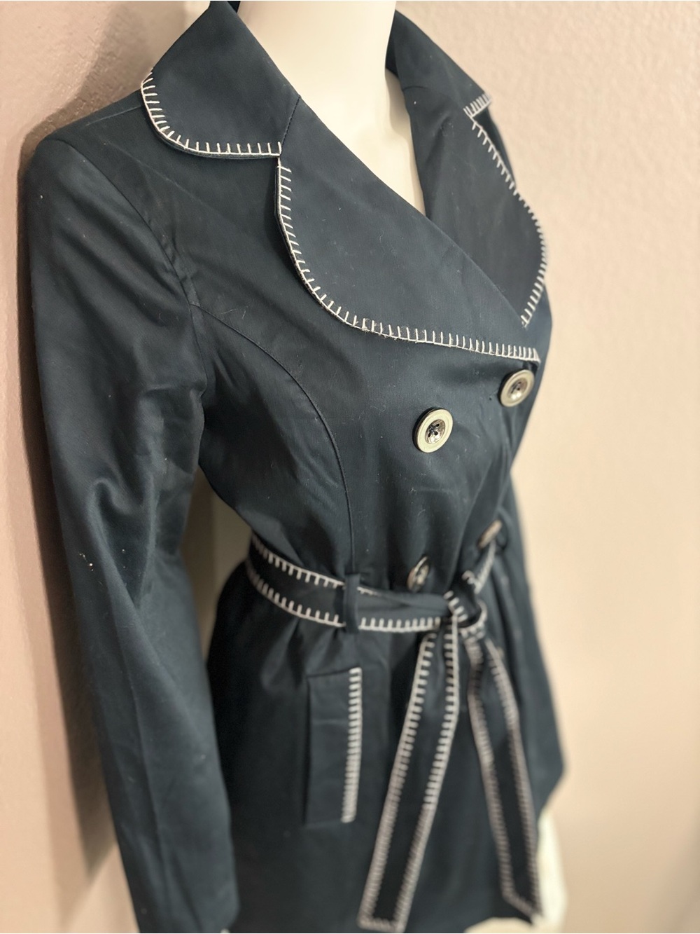Womens Navy Double-Breasted Trench Coat with Contrast Stitching